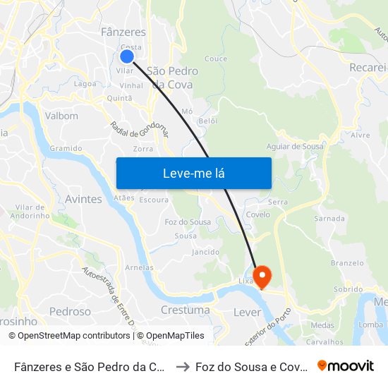 Fânzeres e São Pedro da Cova to Foz do Sousa e Covelo map