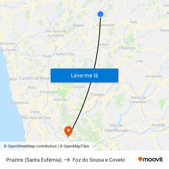 Prazins (Santa Eufémia) to Foz do Sousa e Covelo map