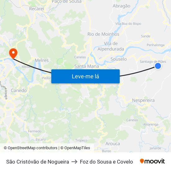 São Cristóvão de Nogueira to Foz do Sousa e Covelo map