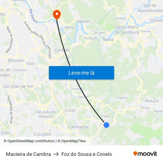 Macieira de Cambra to Foz do Sousa e Covelo map