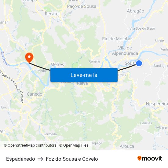 Espadanedo to Foz do Sousa e Covelo map