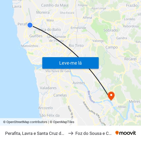 Perafita, Lavra e Santa Cruz do Bispo to Foz do Sousa e Covelo map