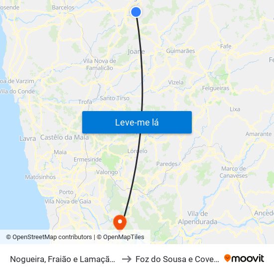 Nogueira, Fraião e Lamaçães to Foz do Sousa e Covelo map