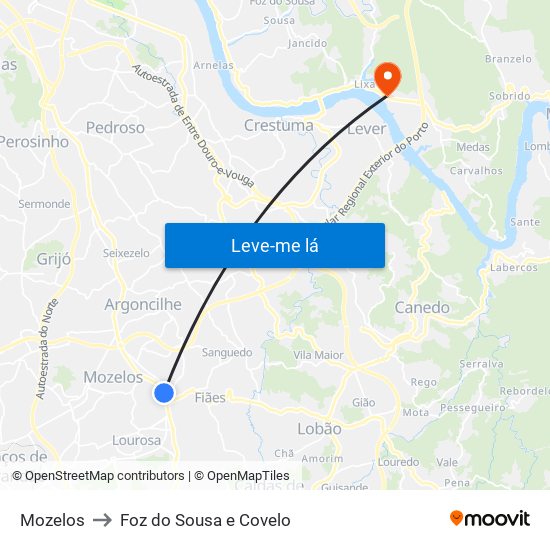 Mozelos to Foz do Sousa e Covelo map