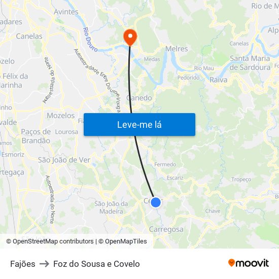 Fajões to Foz do Sousa e Covelo map