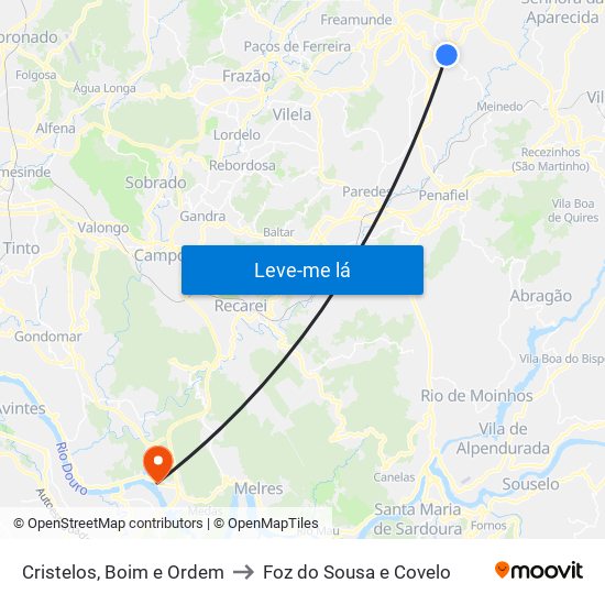 Cristelos, Boim e Ordem to Foz do Sousa e Covelo map