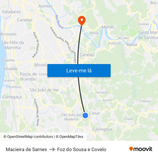 Macieira de Sarnes to Foz do Sousa e Covelo map