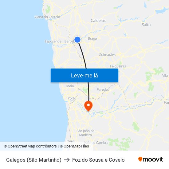 Galegos (São Martinho) to Foz do Sousa e Covelo map
