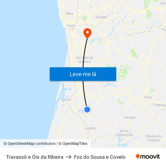 Travassô e Óis da Ribeira to Foz do Sousa e Covelo map