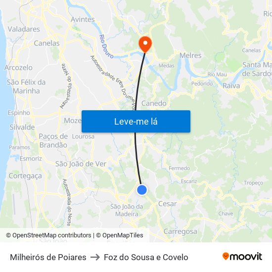 Milheirós de Poiares to Foz do Sousa e Covelo map