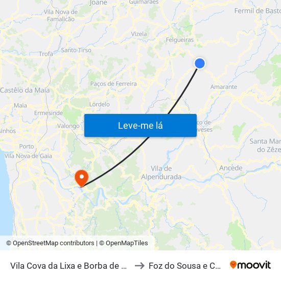 Vila Cova da Lixa e Borba de Godim to Foz do Sousa e Covelo map