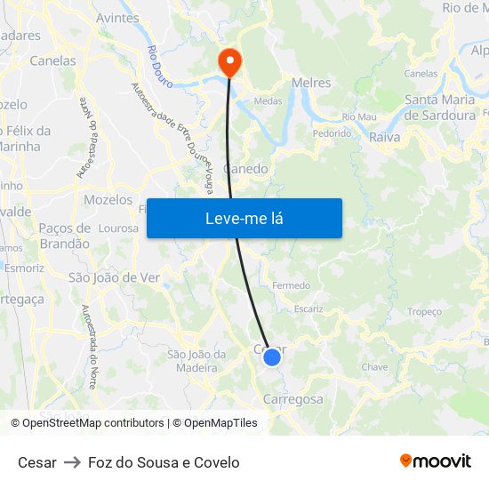 Cesar to Foz do Sousa e Covelo map