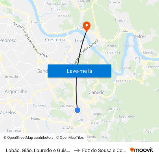 Lobão, Gião, Louredo e Guisande to Foz do Sousa e Covelo map