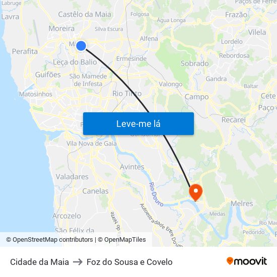 Cidade da Maia to Foz do Sousa e Covelo map