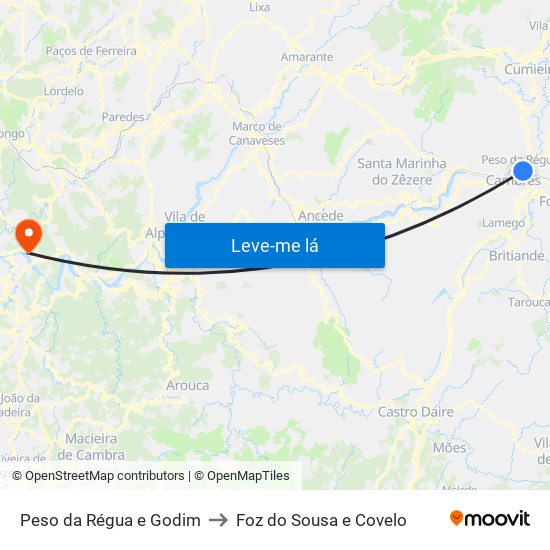 Peso da Régua e Godim to Foz do Sousa e Covelo map