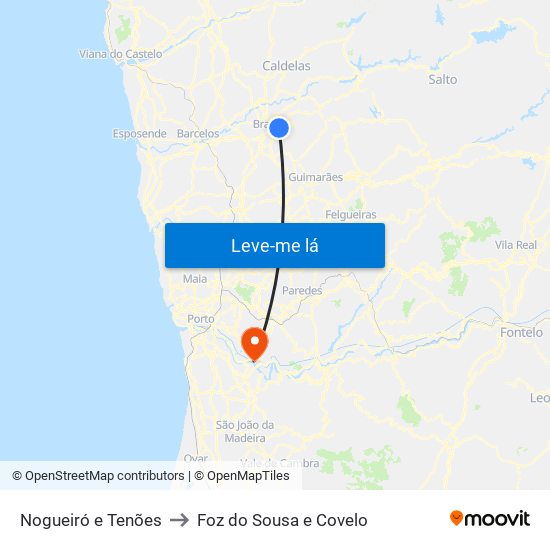 Nogueiró e Tenões to Foz do Sousa e Covelo map