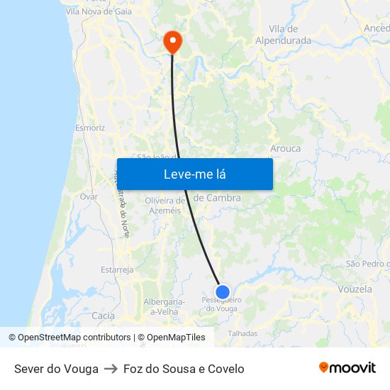 Sever do Vouga to Foz do Sousa e Covelo map