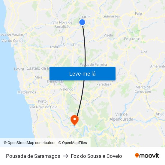 Pousada de Saramagos to Foz do Sousa e Covelo map