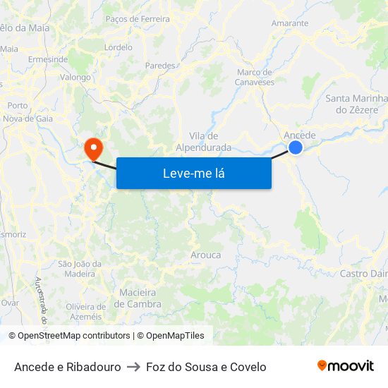 Ancede e Ribadouro to Foz do Sousa e Covelo map