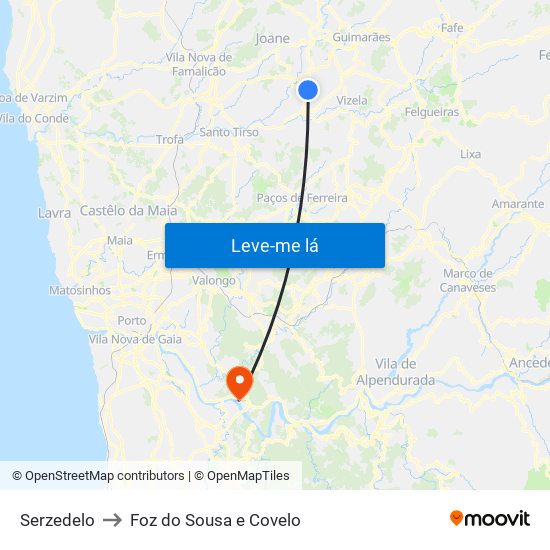 Serzedelo to Foz do Sousa e Covelo map