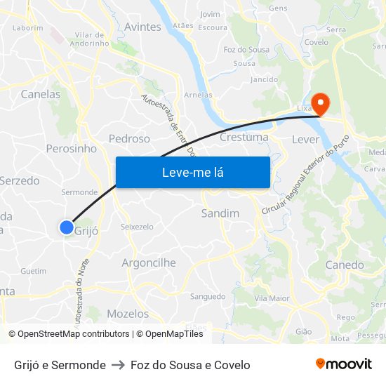 Grijó e Sermonde to Foz do Sousa e Covelo map