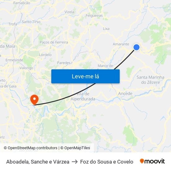 Aboadela, Sanche e Várzea to Foz do Sousa e Covelo map
