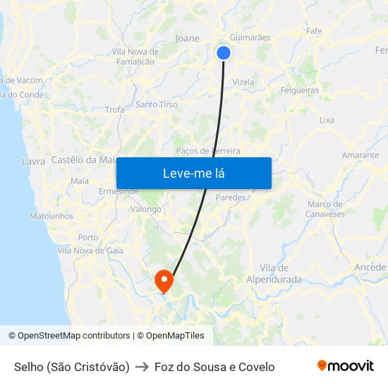 Selho (São Cristóvão) to Foz do Sousa e Covelo map