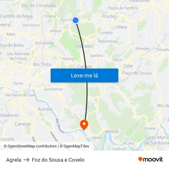 Agrela to Foz do Sousa e Covelo map