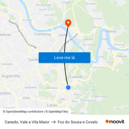 Canedo, Vale e Vila Maior to Foz do Sousa e Covelo map