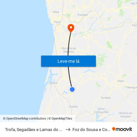 Trofa, Segadães e Lamas do Vouga to Foz do Sousa e Covelo map