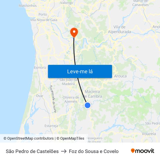 São Pedro de Castelões to Foz do Sousa e Covelo map