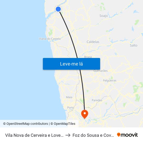 Vila Nova de Cerveira e Lovelhe to Foz do Sousa e Covelo map
