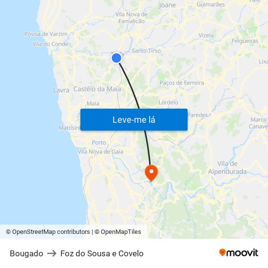 Bougado to Foz do Sousa e Covelo map