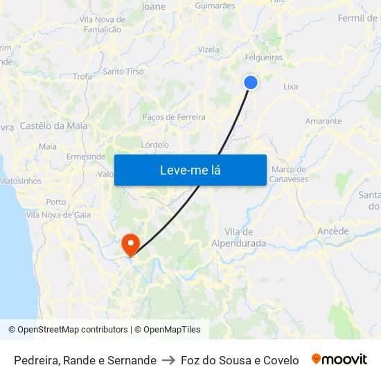 Pedreira, Rande e Sernande to Foz do Sousa e Covelo map