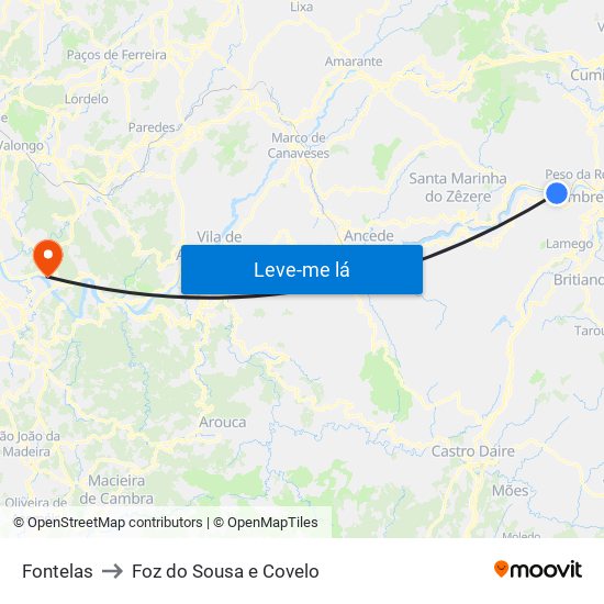 Fontelas to Foz do Sousa e Covelo map