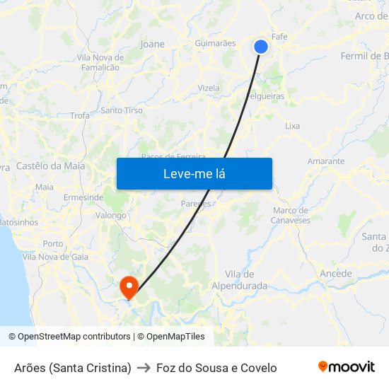Arões (Santa Cristina) to Foz do Sousa e Covelo map
