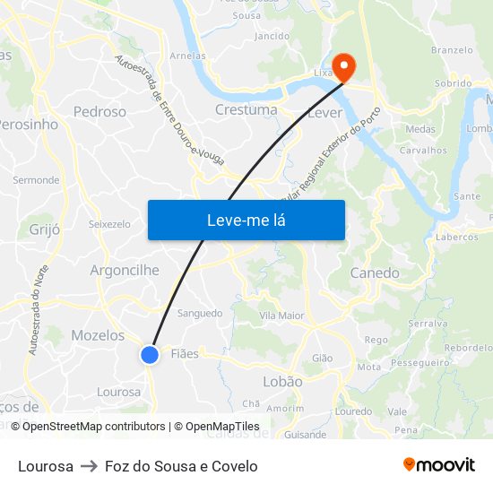 Lourosa to Foz do Sousa e Covelo map