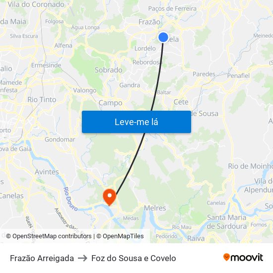 Frazão Arreigada to Foz do Sousa e Covelo map