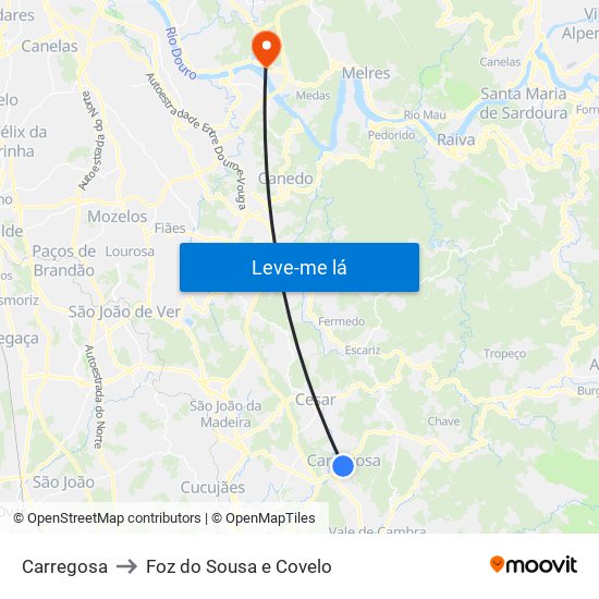 Carregosa to Foz do Sousa e Covelo map
