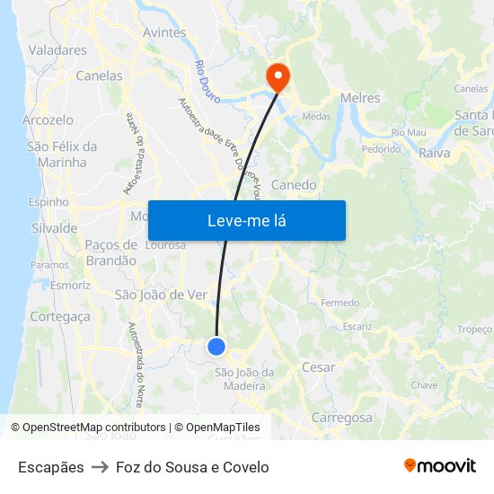 Escapães to Foz do Sousa e Covelo map