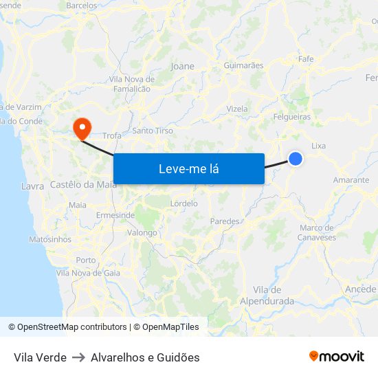 Vila Verde to Alvarelhos e Guidões map