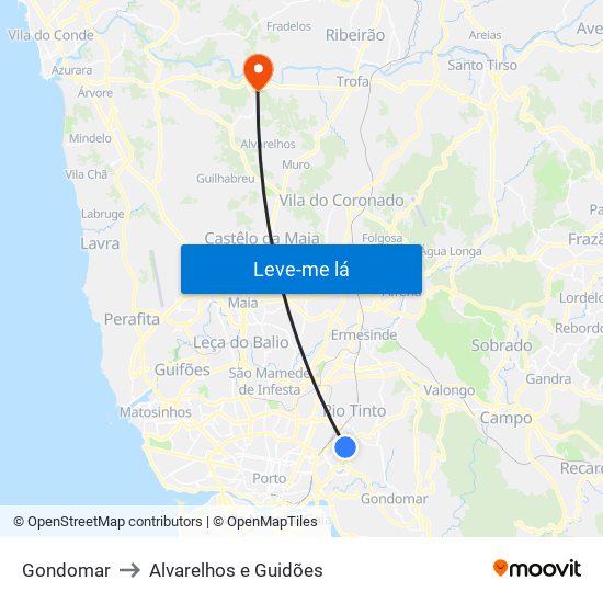 Gondomar to Alvarelhos e Guidões map
