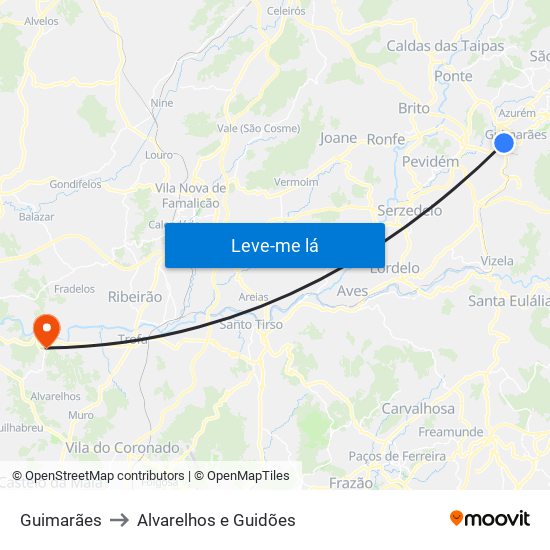 Guimarães to Alvarelhos e Guidões map