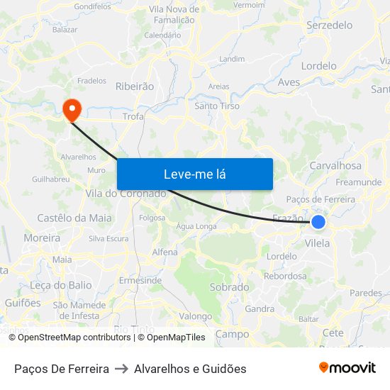 Paços De Ferreira to Alvarelhos e Guidões map