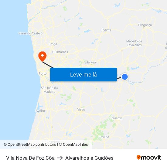 Vila Nova De Foz Côa to Alvarelhos e Guidões map