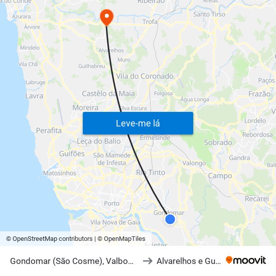 Gondomar (São Cosme), Valbom e Jovim to Alvarelhos e Guidões map