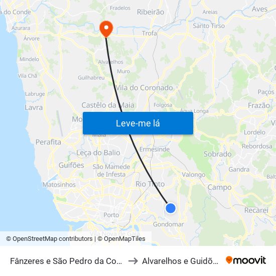 Fânzeres e São Pedro da Cova to Alvarelhos e Guidões map