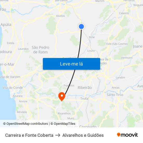 Carreira e Fonte Coberta to Alvarelhos e Guidões map