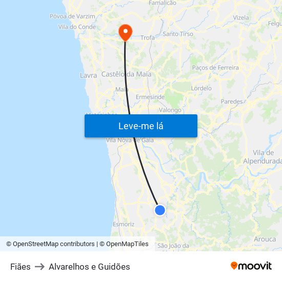 Fiães to Alvarelhos e Guidões map