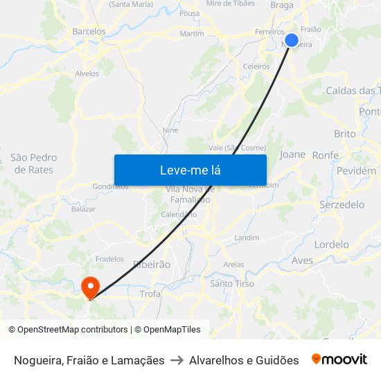 Nogueira, Fraião e Lamaçães to Alvarelhos e Guidões map